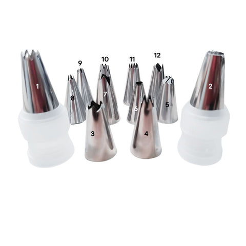 Set de 12 duyas de acero inoxidable más dos coplees plásticos.