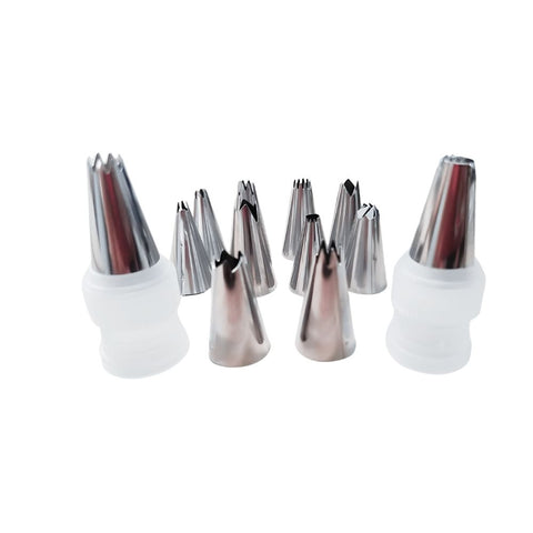 Set de 12 duyas de acero inoxidable más dos coplees plásticos.