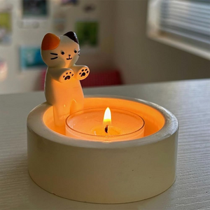 Portavela Gato Orejas Pintas Dibujo Animado Cerámica