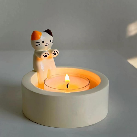 Portavela Gato Orejas Pintas Dibujo Animado Cerámica